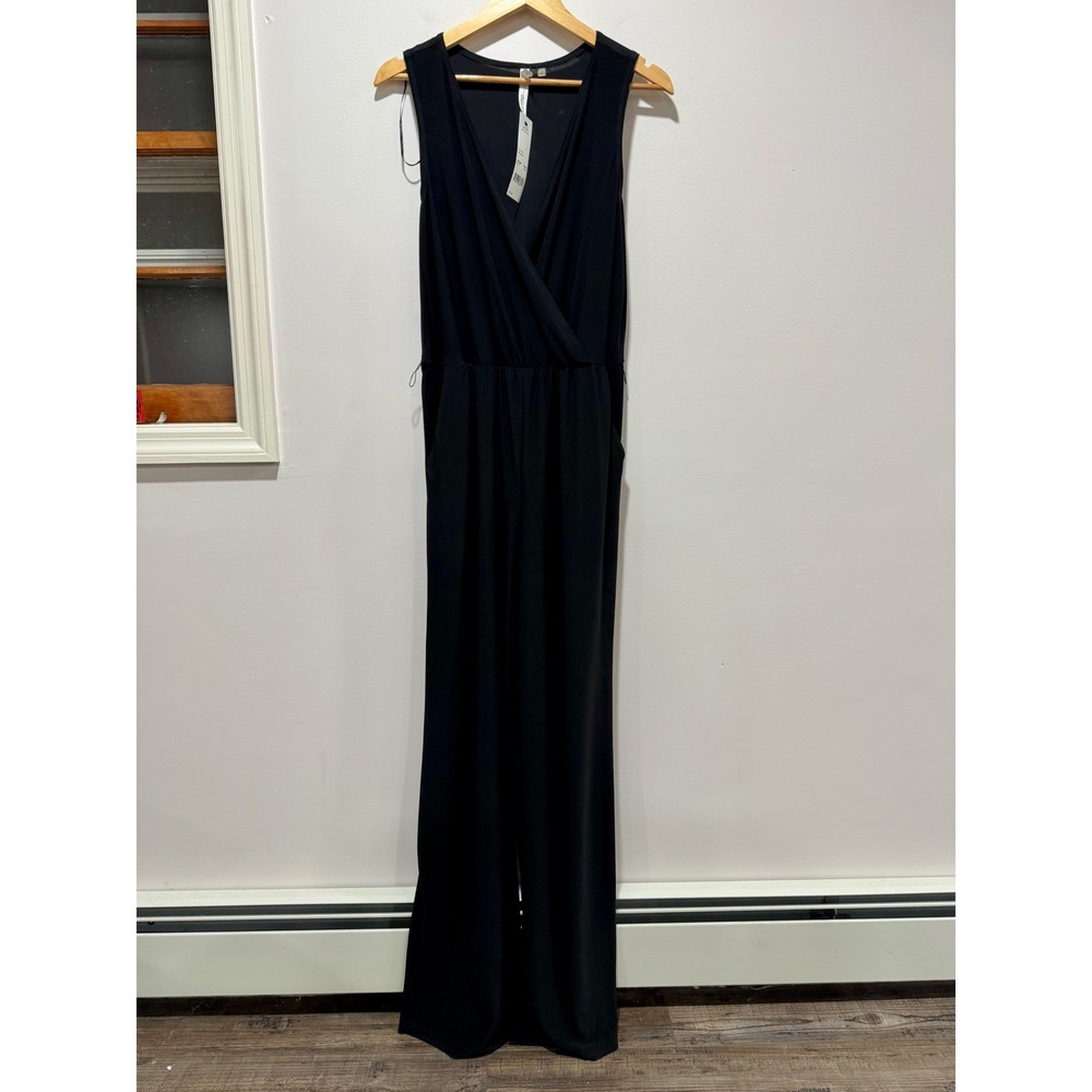 NY Collection NWT Black Sleeveless Wrap V-Neck Wide Leg Jumpsuit Medium